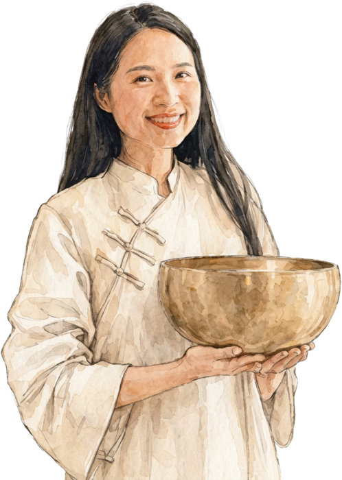 Ms. Trang cầm chuông xoay Tây Tạng